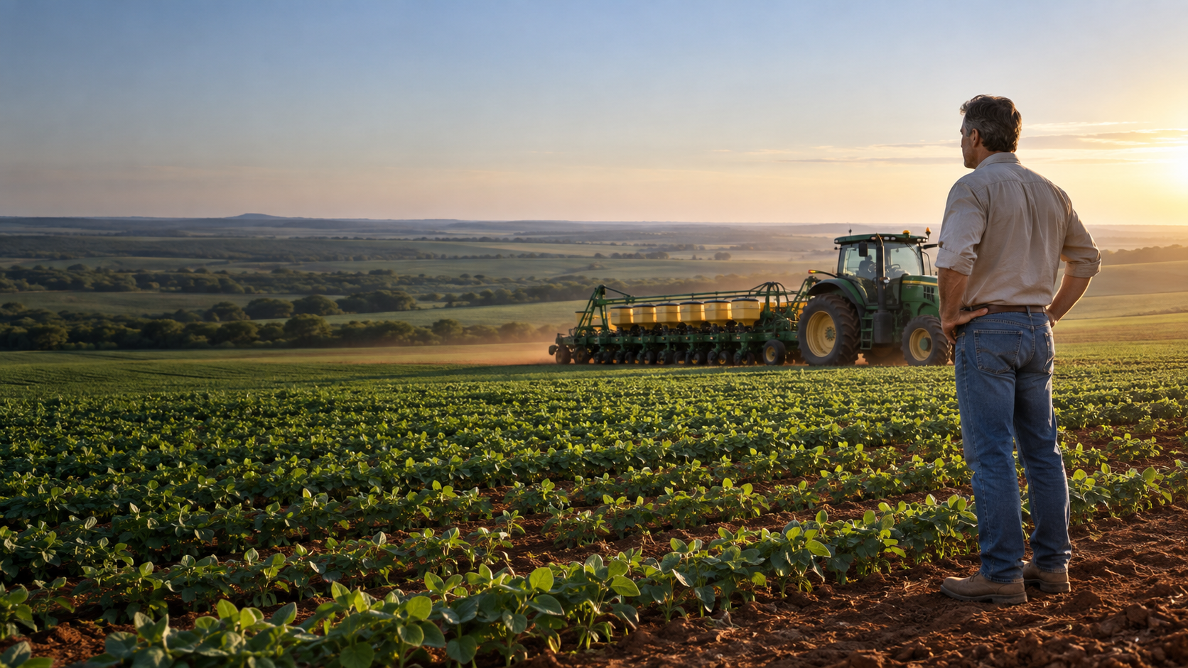 Produtor rural contempla uma lavoura ao pôr do sol